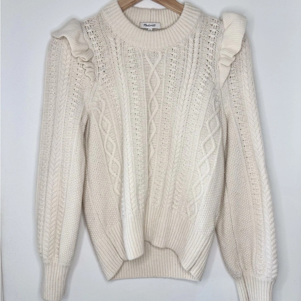 Madewell Women’s Hollydene Cream Ruffle Wool Blend Cable Knit Sweater SMALL
